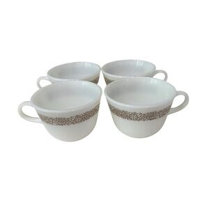 Pyrex Woodland Brown 4 Milk Glass Coffee Mugs 1978- 1983 Vintage Kitschy Collect